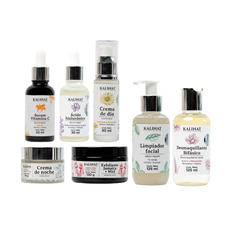Kit Completo Kalinat · 7 piezas (Mi rutina de día + Mi rutina de noche + Exfoliante Jamaica y Miel)