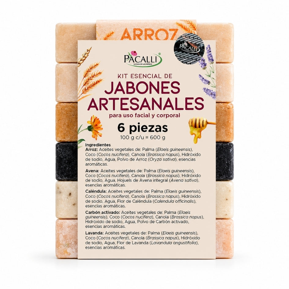 Kit de Jabones Artesanales · 6 Piezas · Arroz, Avena, Caléndula, Carbón Activado, Lavanda y Miel de Abeja · 100 g c/u