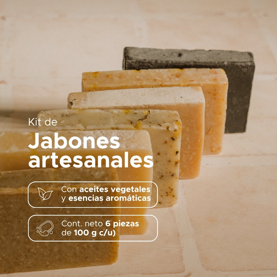 Kit de Jabones Artesanales · 6 Piezas · Arroz, Avena, Caléndula, Carbón Activado, Lavanda y Miel de Abeja · 100 g c/u