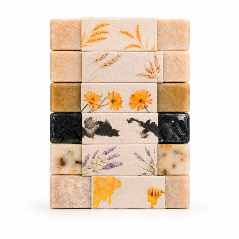 Kit de Jabones Artesanales · 6 Piezas · Arroz, Avena, Caléndula, Carbón Activado, Lavanda y Miel de Abeja · 100 g c/u
