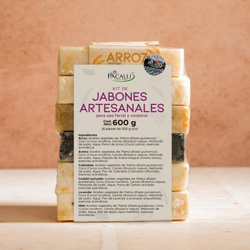 Kit de Jabones Artesanales PACALLI · 6 Piezas · Arroz, Avena, Caléndula, Carbón Activado, Lavanda y Miel de Abeja · 100 g c/u