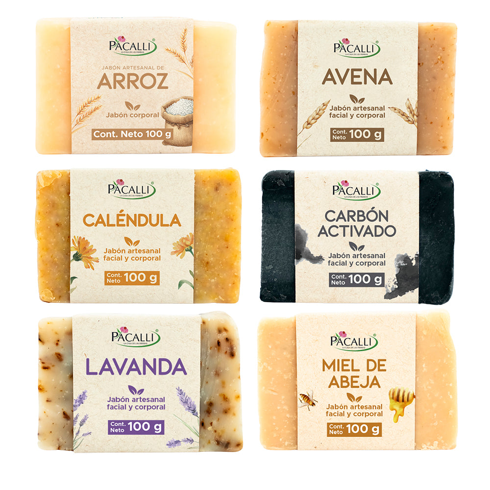 Kit de Jabones Artesanales PACALLI · 6 Piezas · Arroz, Avena, Caléndula, Carbón Activado, Lavanda y Miel de Abeja · 100 g c/u
