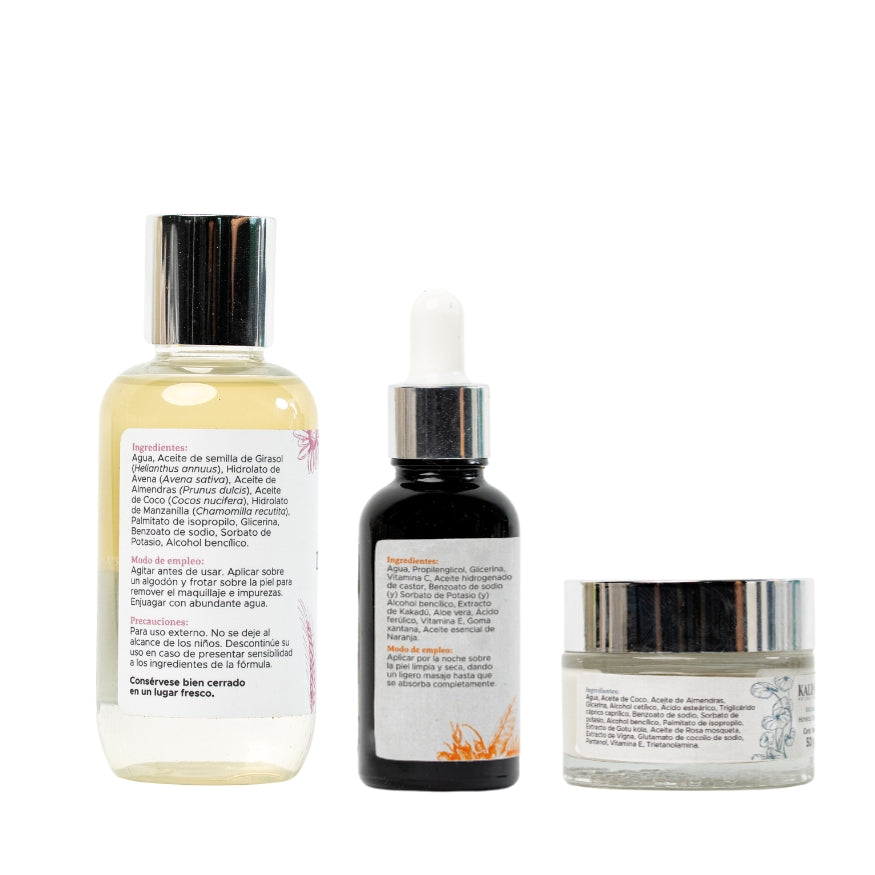 Kit Mi rutina de noche Kalinat · 3 piezas (Desmaquillante bifásico, Serum Vitamina C y Crema de noche)