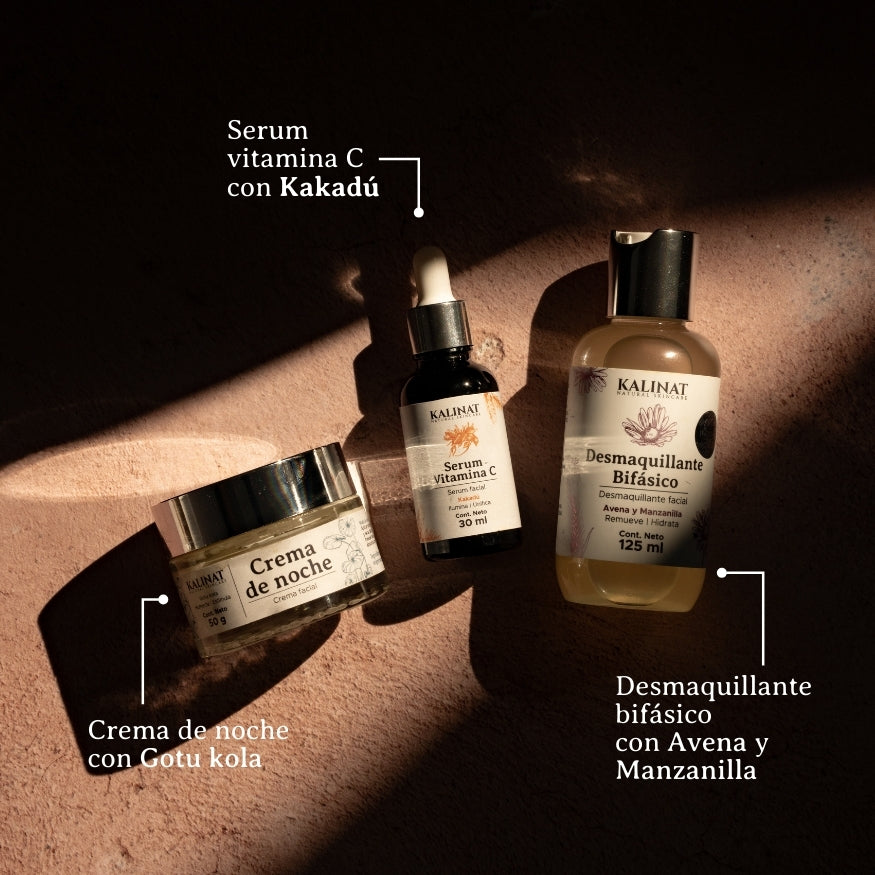 Kit Mi rutina de noche Kalinat · 3 piezas (Desmaquillante bifásico, Serum Vitamina C y Crema de noche)
