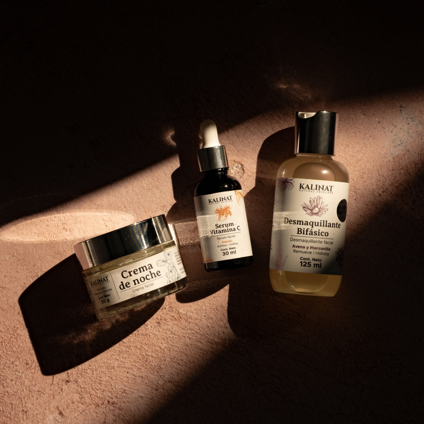 Kit Mi rutina de noche Kalinat · 3 piezas (Desmaquillante bifásico, Serum Vitamina C y Crema de noche)