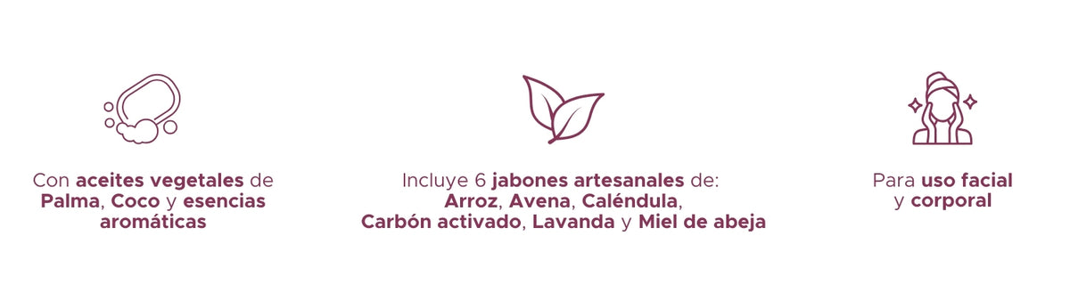 Kit de Jabones Artesanales PACALLI · 6 Piezas · Arroz, Avena, Caléndula, Carbón Activado, Lavanda y Miel de Abeja · 100 g c/u