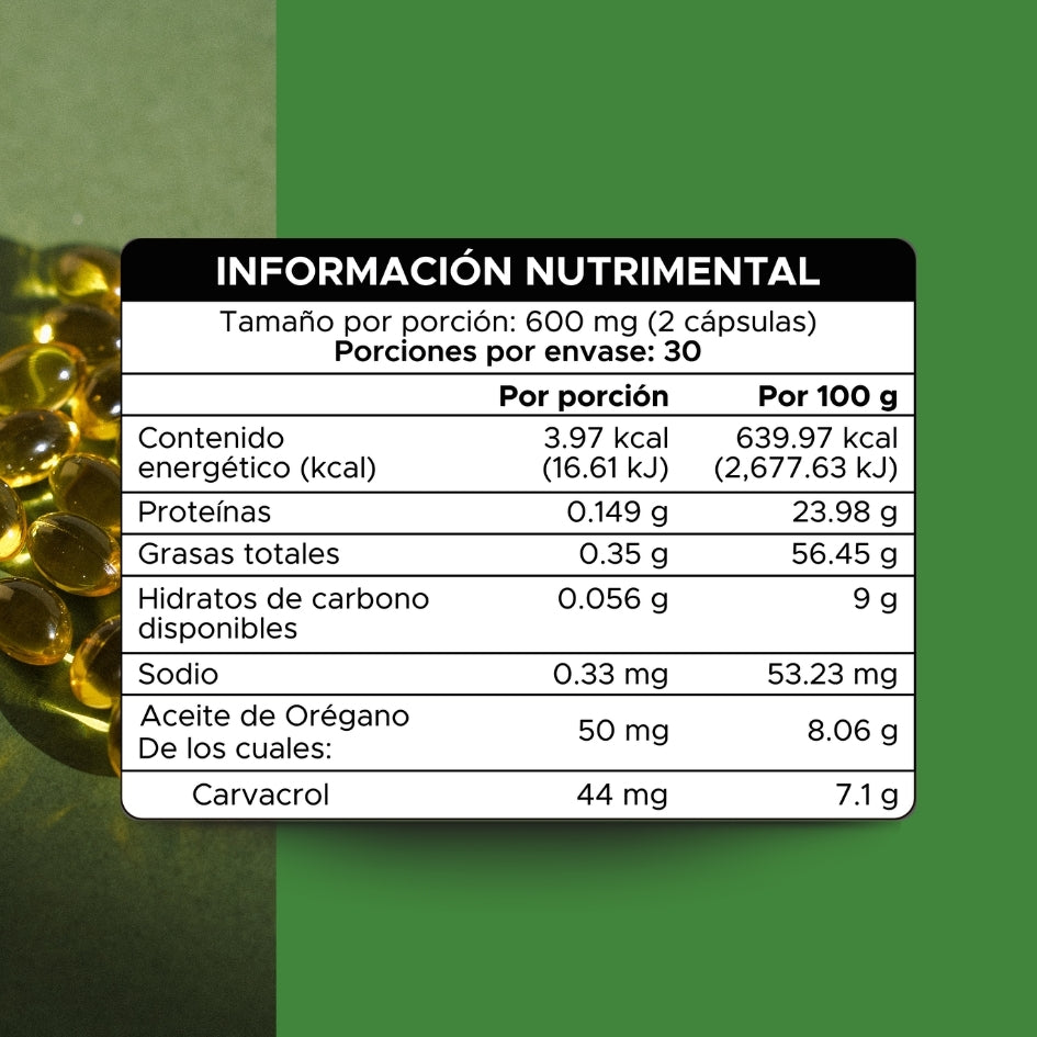 Aceite de orégano (88% carvacrol) · 60 caps