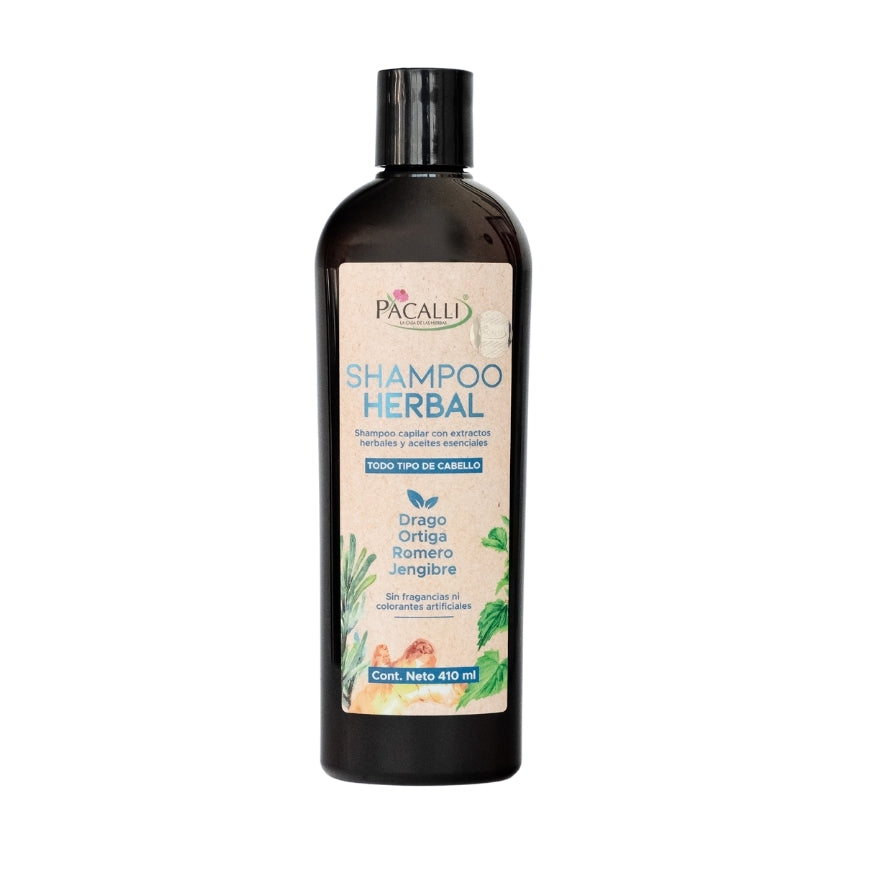 Shampoo Herbal PACALLI · Con Sangre de Drago, Romero, Jengibre y Ortiga · 410 ml