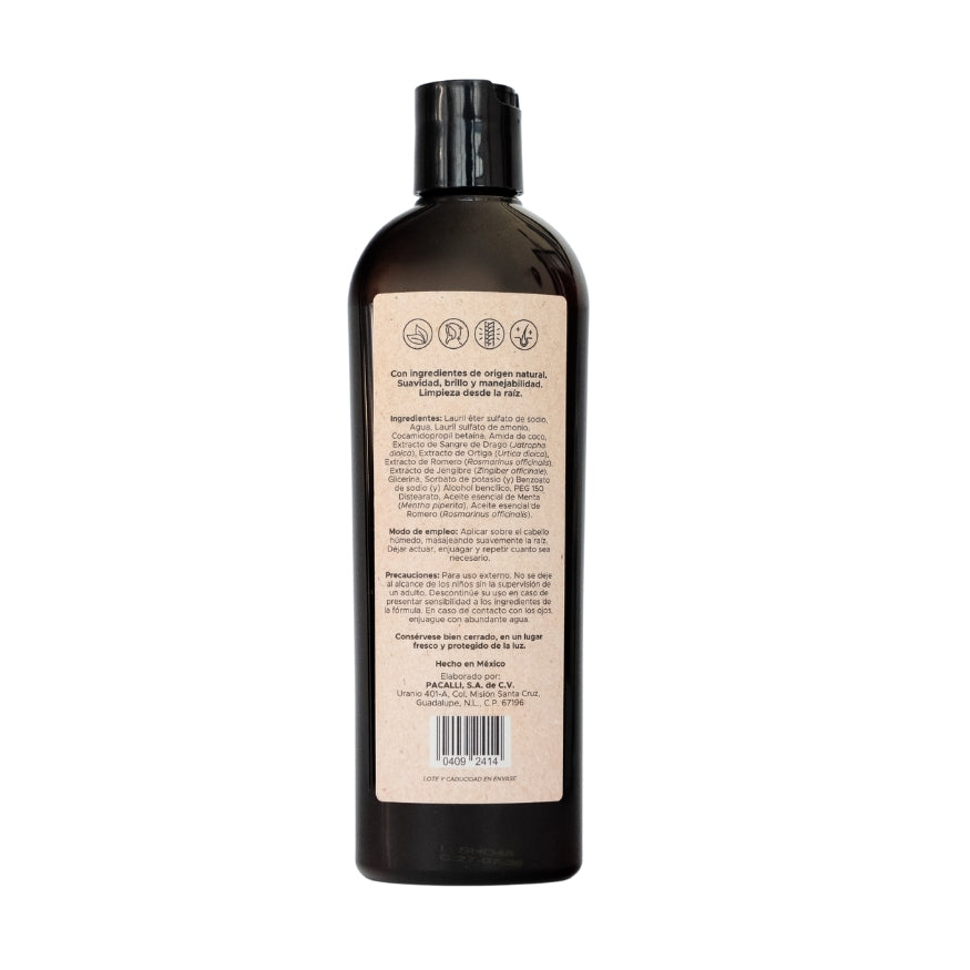 Shampoo Herbal PACALLI · Con Sangre de Drago, Romero, Jengibre y Ortiga · 410 ml