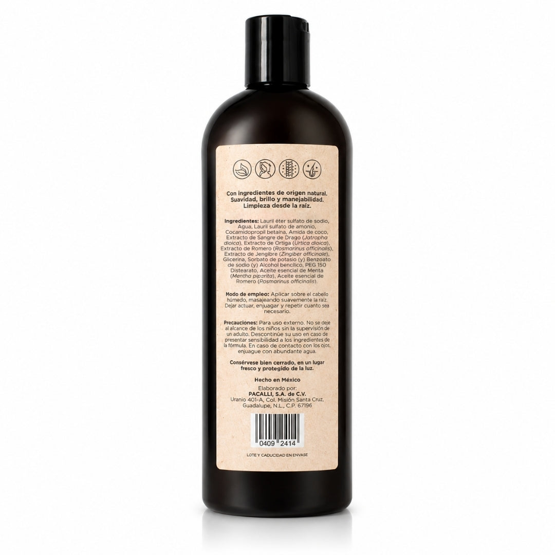 Shampoo Herbal PACALLI · Con Sangre de Drago, Romero, Jengibre y Ortiga · 410 ml