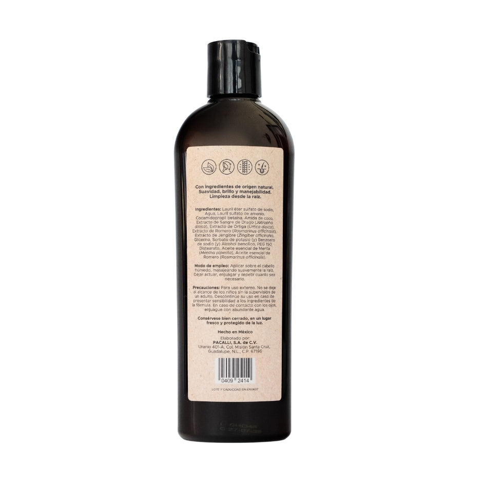 Shampoo Herbal PACALLI · Con Sangre de Drago, Romero, Jengibre y Ortiga · 410 ml