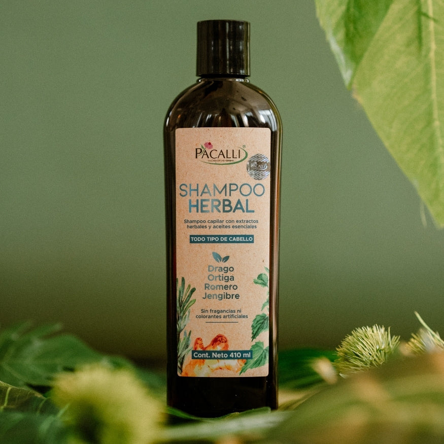 Shampoo Herbal PACALLI · Con Sangre de Drago, Romero, Jengibre y Ortiga · 410 ml