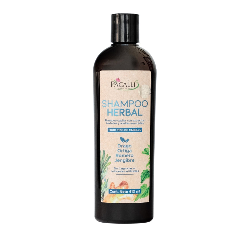 Shampoo Herbal Pacalli 410ml Con Jengibre, Romero, Sangre de Drago y Ortiga