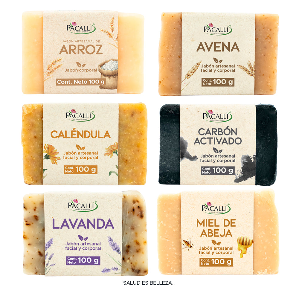 Kit de Jabones Artesanales PACALLI · 6 Piezas · Arroz, Avena, Caléndula, Carbón Activado, Lavanda y Miel de Abeja · 100 g c/u