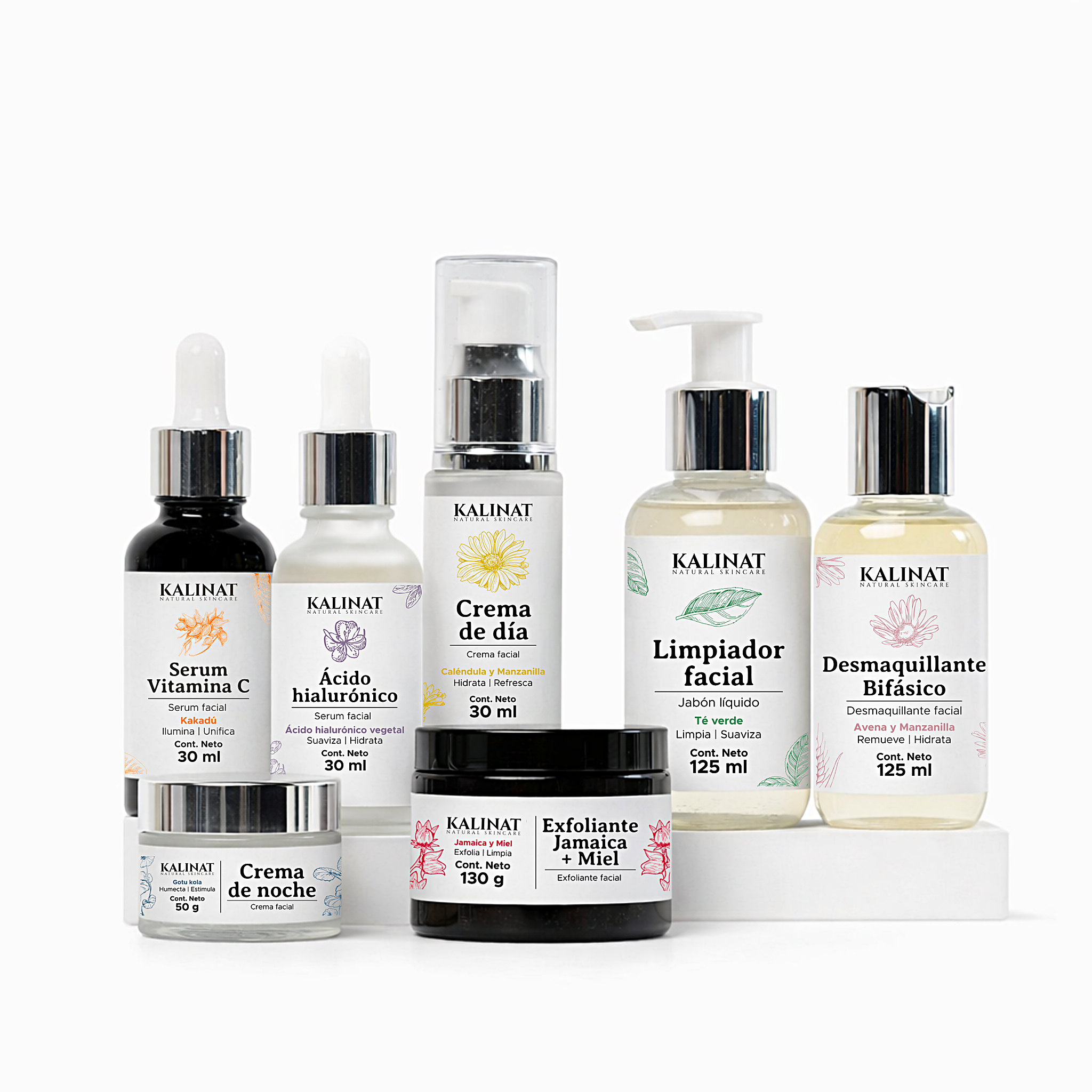 Kit Completo Kalinat · 7 piezas (Mi rutina de día + Mi rutina de noche + Exfoliante Jamaica y Miel)