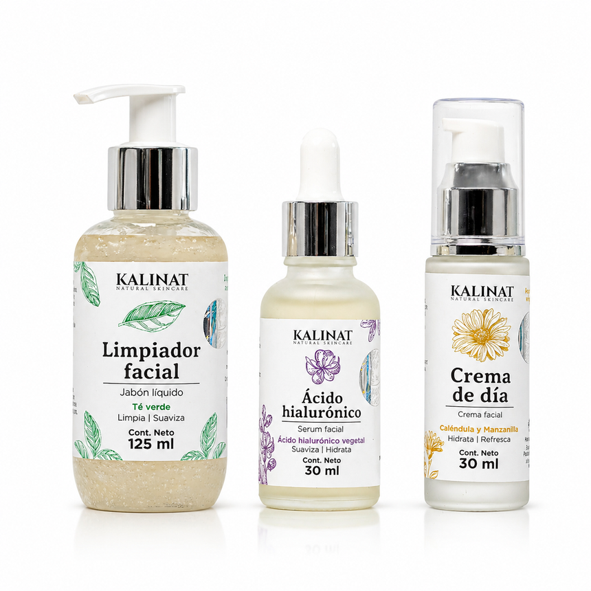 Kit Mi rutina de día Kalinat · 3 piezas (Limpiador Facial, Ácido hialurónico serum y Crema de día)