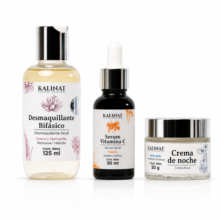 Kit Mi rutina de noche Kalinat · 3 piezas (Desmaquillante bifásico, Serum Vitamina C y Crema de noche)