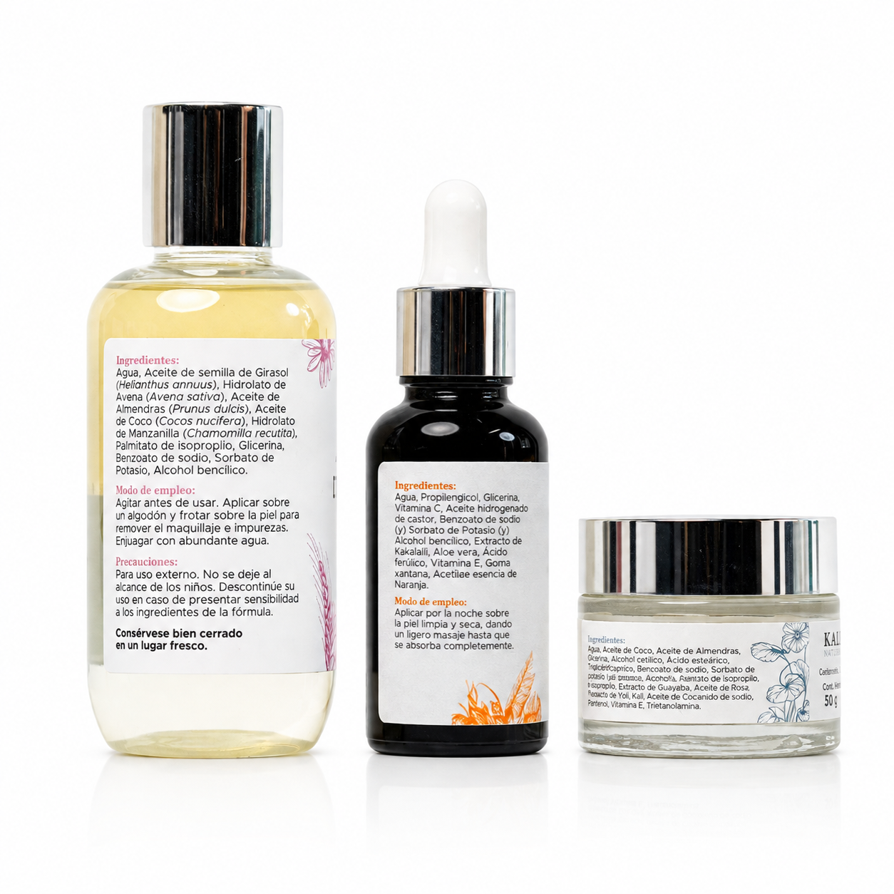 Kit Mi rutina de noche Kalinat · 3 piezas (Desmaquillante bifásico, Serum Vitamina C y Crema de noche)