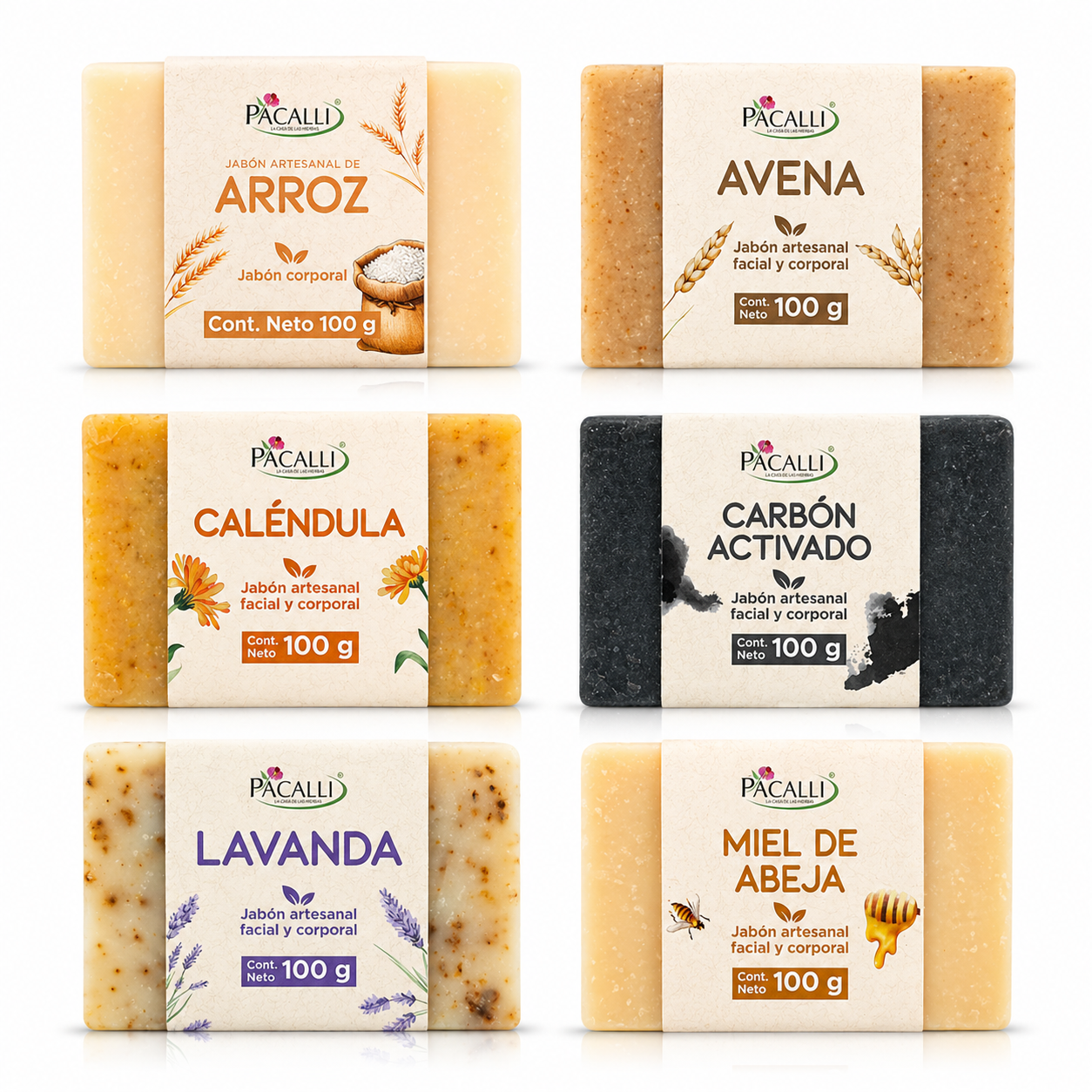 Kit de Jabones Artesanales · 6 Piezas · Arroz, Avena, Caléndula, Carbón Activado, Lavanda y Miel de Abeja · 100 g c/u